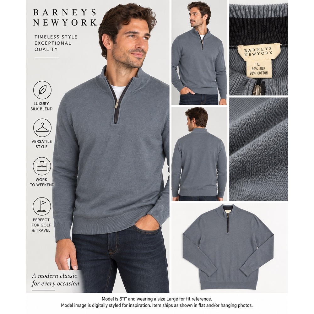 Barneys New York Men's L Silk Cotton Quarter Zip Sweater Gray
